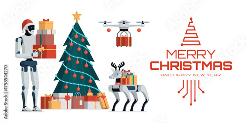 Christmas banner with robotic Santa Claus and wishes