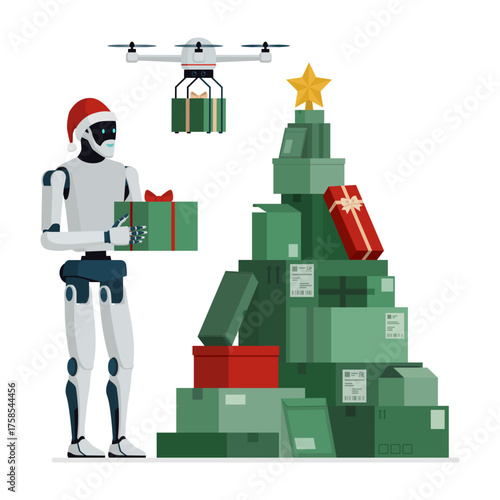 AI robot Santa Claus and drone delivering Christmas gifts