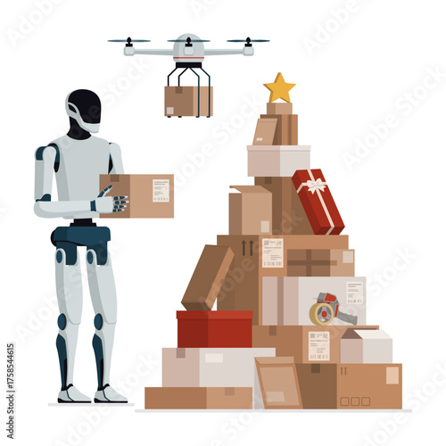 AI robot and drone delivering Christmas gifts