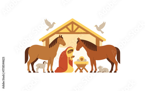 Nativity scene with mary, joseph, baby jesus, and animals in a stable, a traditional christmas illustration, a peaceful depiction
