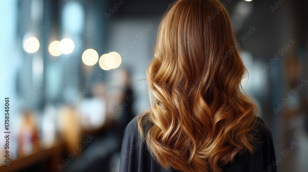 Fototapeta premium Close up back view of head showcasing freshly applied multi toned highlights individual blonde and caramel strands visible with dimensional color modern salon environment with