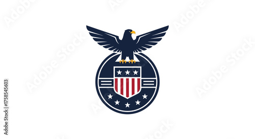 Regal eagle emblem with widespread wings, standing firmly on a shield adorned with stars and stripes, symbolizing national power, freedom, and identity in a vector illustration