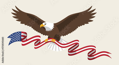 Majestic bird of prey soaring with outstretched wings, clutching a flowing banner adorned with a star and stripe pattern, an illustrative emblem representing freedom, strength, and patriotic spirit