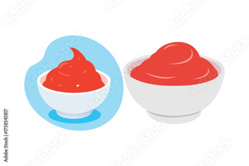 Two servings of red sauce or jam in white bowls presented