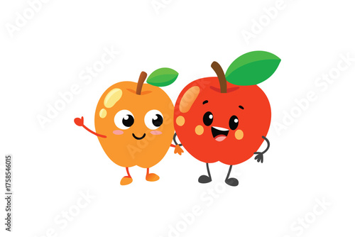 Two smiling cartoon fruits a mango and an apple standing together