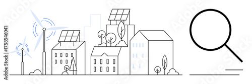Urban landscape featuring buildings with solar panels, wind turbines, and greenery. Large magnifying glass symbolizes research, environment, renewable energy, eco-architecture, and innovation. Ideal