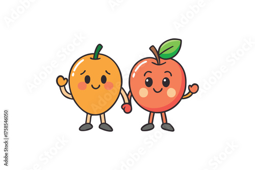 cute cartoon mango and apple characters holding hands together happily