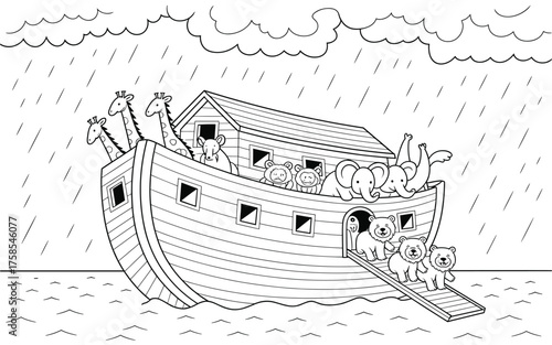 Noahs ark, a biblical vessel carrying animals during the great flood, is depicted in a black and white line art illustration