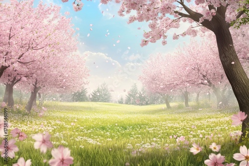 Cherry blossom trees bloom in a serene landscape during springtime