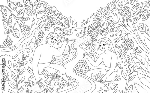 Adam and eve in the garden of eden, a coloring page illustration of the biblical story, with adam and eve sitting by a river surrounded by lush vegetation
