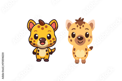 Two adorable cartoon hyenas are cheerfully presented side by side