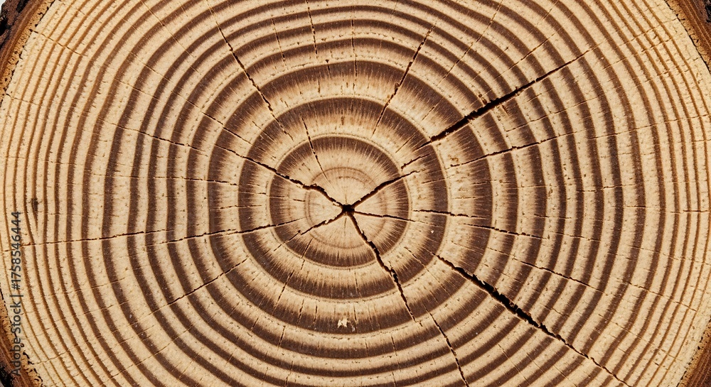 Fototapeta premium Intricate details of a tree trunk showing growth rings and radiating fractures patterns in a wood section
