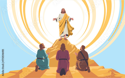 A divine illustration of the transfiguration of jesus, with disciples kneeling in awe before his radiant figure atop a mountain