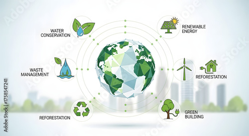 Illustration of a green Earth surrounded by icons representing sustainability, conservation, and renewable energy sources, set against a city backdrop.
