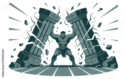 Samson destroying the temple, a powerful biblical scene of strength, destruction, and sacrifice, symbolizing resilience and defiance