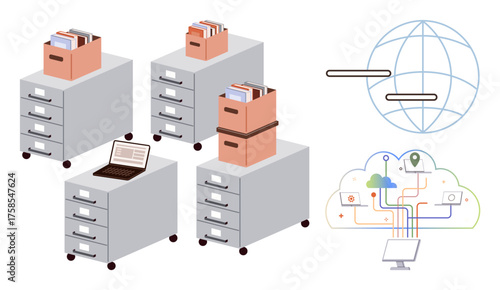 Filing cabinets filled with documents, a laptop, a cloud system, and a globe illustrate data management evolution. Ideal for digitization, organization, progress, storage, information flow