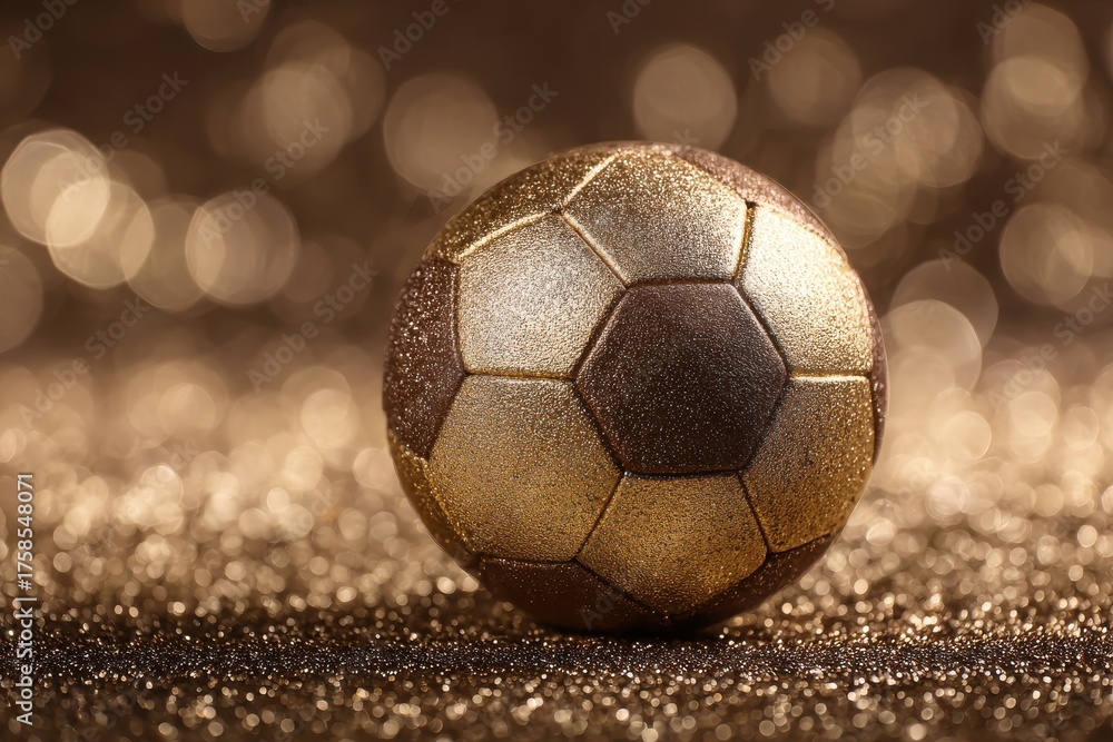 Fototapeta premium Shiny golden and brown textured soccer ball on a sparkling festive background with blurred depth, featuring hexagonal and pentagonal panels embellished with glitter accents
