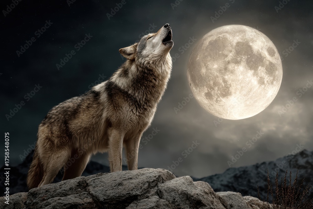 Fototapeta premium Majestic wolf howling at full moon against dramatic night landscape with mountains and clouds, capturing the essence of wilderness and nature's beauty in captivating night photography