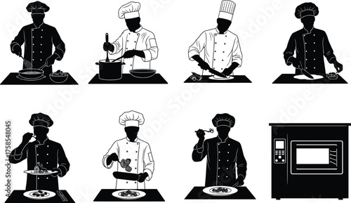 Chef Cooking Process Silhouettes Showing Step-by-Step Culinary Actions, Food Preparation, Baking, Garnishing, Plating, and Professional Kitchen Vector Art