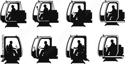 Silhouette construction machinery operators inside enclosed cabin controls, excavator drivers using joysticks and levers, industrial heavy equipment cockpit vector illustration