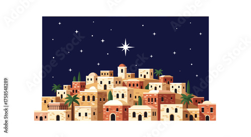 Illustration of the city of bethlehem under the star of bethlehem on a dark blue night sky, a vector illustration of the nativity scene