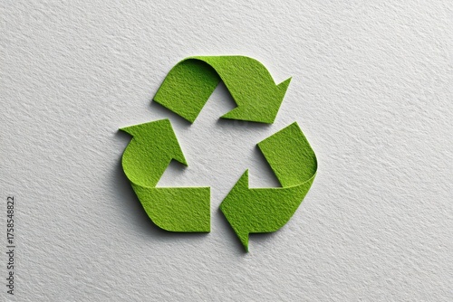 Recycling symbol in green with textured paper arrows on light background representing sustainability and environmental awareness for eco-friendly design enthusiasts