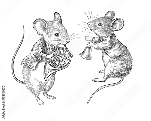 Two mice in jackets play the horn and bell. Vector illustration.
