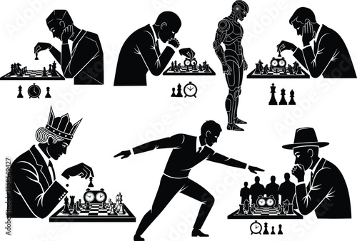 Chess Silhouette Vector Set with Human Players, Robot Opponent, Strategy, Crowned King, Timed Match, Black and White Illustration
