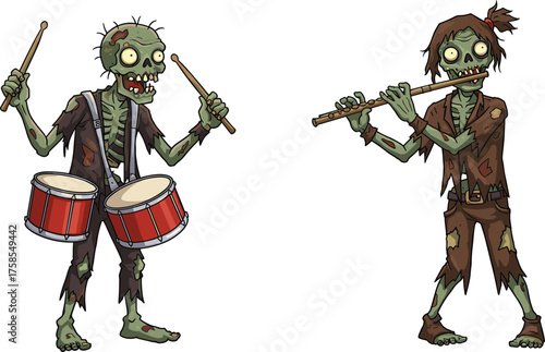 Funny zombie musicians playing drums and flute, cartoon undead band illustration, spooky Halloween characters, horror music concept, isolated vector art, entertainment theme