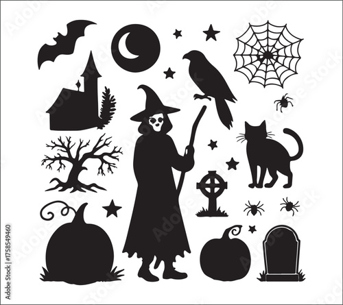 Halloween silhouette collection featuring a witch cat, a pumpkin spider, and a tombstone