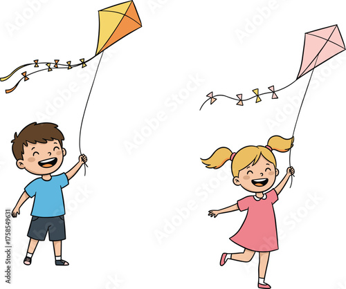 Happy children flying colorful kites outdoors, smiling boy and girl enjoying windy day, fun cartoon illustration of joyful playtime activity