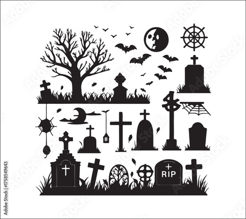 Spooky Halloween graveyard silhouettes with bats and a full moon