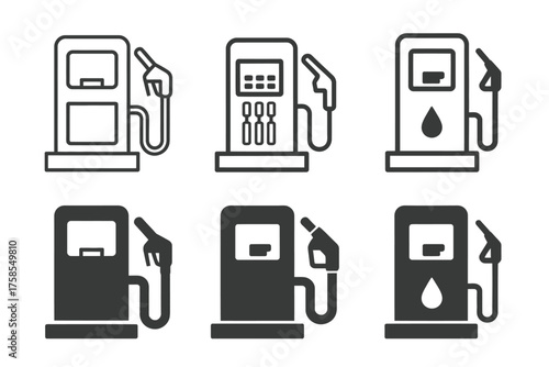 Set of six minimalist black and white gas station pump icons for versatile vector graphic design projects silhouette vector illustration white background