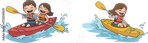 Happy children kayaking together, cartoon illustration of kids paddling on water, summer adventure, outdoor fun, water sports, cheerful recreation activity