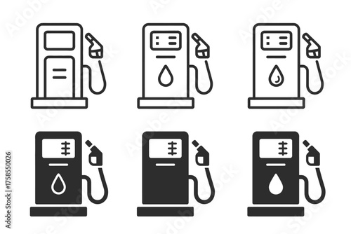 Set of six minimalist icons depicting fuel pumps vector illustration scalable eps graphics for general use silhouette vector illustration white background
