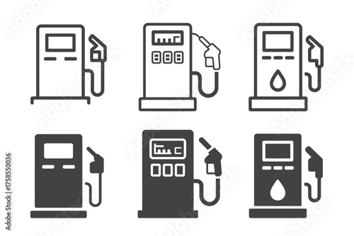 Set of six minimalist black and white gas station fuel pump icons vector illustration for eps format silhouette vector illustration white background