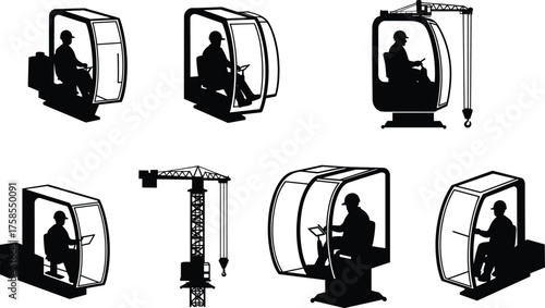 Silhouette crane operators sitting inside enclosed cabin controls, construction machinery workers operating tower cranes, heavy equipment cockpit illustration with industrial work environment