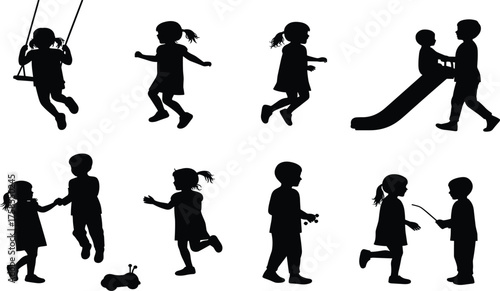 Children Playing Silhouettes in Park Activities – Swing, Slide, Running, Holding Hands, Toy Dog, Outdoor Fun, Childhood Joy, Vector Illustration