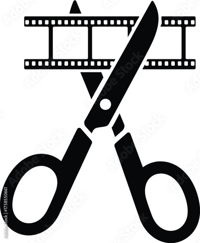 Minimalist black and white graphic design vector icon for video editing and film cutting tools silhouette vector illustration white background