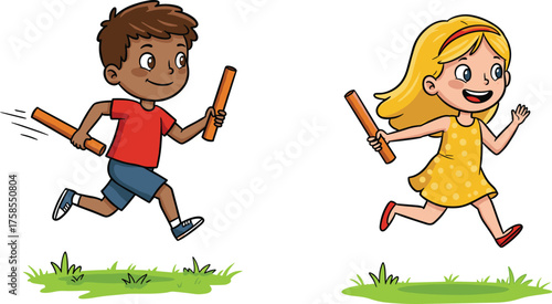 Happy children running in relay race, boy and girl playing outdoor sports, teamwork competition, healthy lifestyle kids cartoon illustration