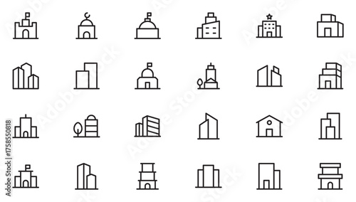 Building and Architecture line icon set. Solid building set featuring house, office, bank, school, hotel, shop, designs.Thin outline icons pack. Vector illustration