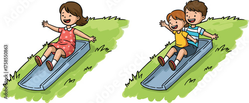 Happy children sliding on playground slide, smiling kids having fun outdoor, joyful childhood activity, cartoon illustration of outdoor playtime, summer fun