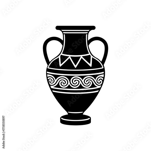 Black amphora with geometric design on transparent background silhouette