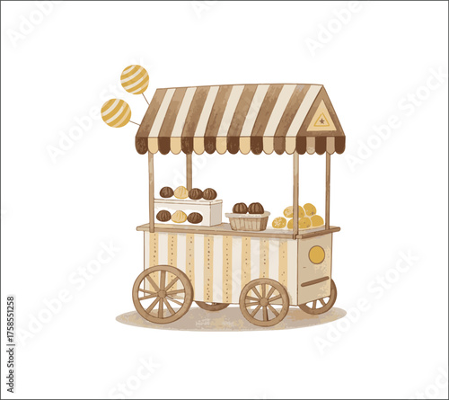 Charming vintage food cart with striped awning and treats