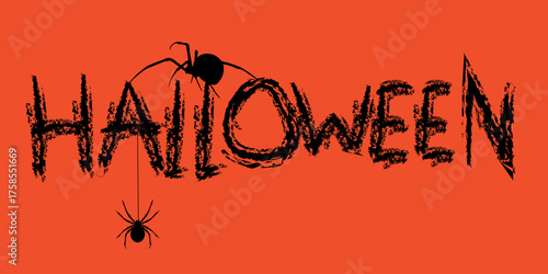 Halloween handwritten lettering, Happy Halloween card, grunge-style text, graphite texture, horror font. Vector design, print, festival, dangerous spiders, poisonous black widow, arachnophobia image