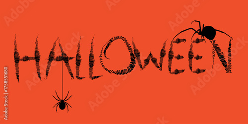 Handwritten Halloween lettering, Happy Halloween card design, pen-and-ink text, grunge style, scribbles. Scary horror font, poisonous spiders, black widow, danger, fear, orange background, boo