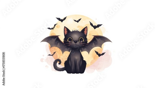 Cute Halloween Cat with Bat Wings and a Full Moon Background