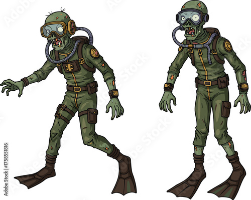 Zombie scuba divers in underwater suits, creepy undead swimmers, horror ocean illustration, Halloween monster design, scary aquatic cartoon character art