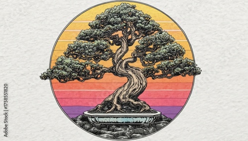 Vintage bonsai tree illustration with a colorful sunset background