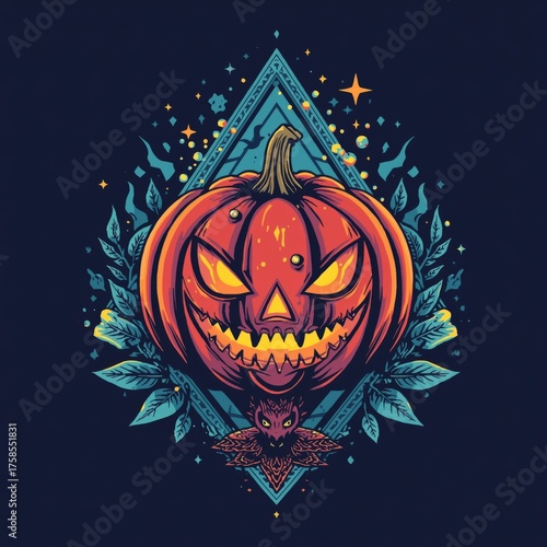 Spooky jack-o'-lantern illustration with a bat and geometric design